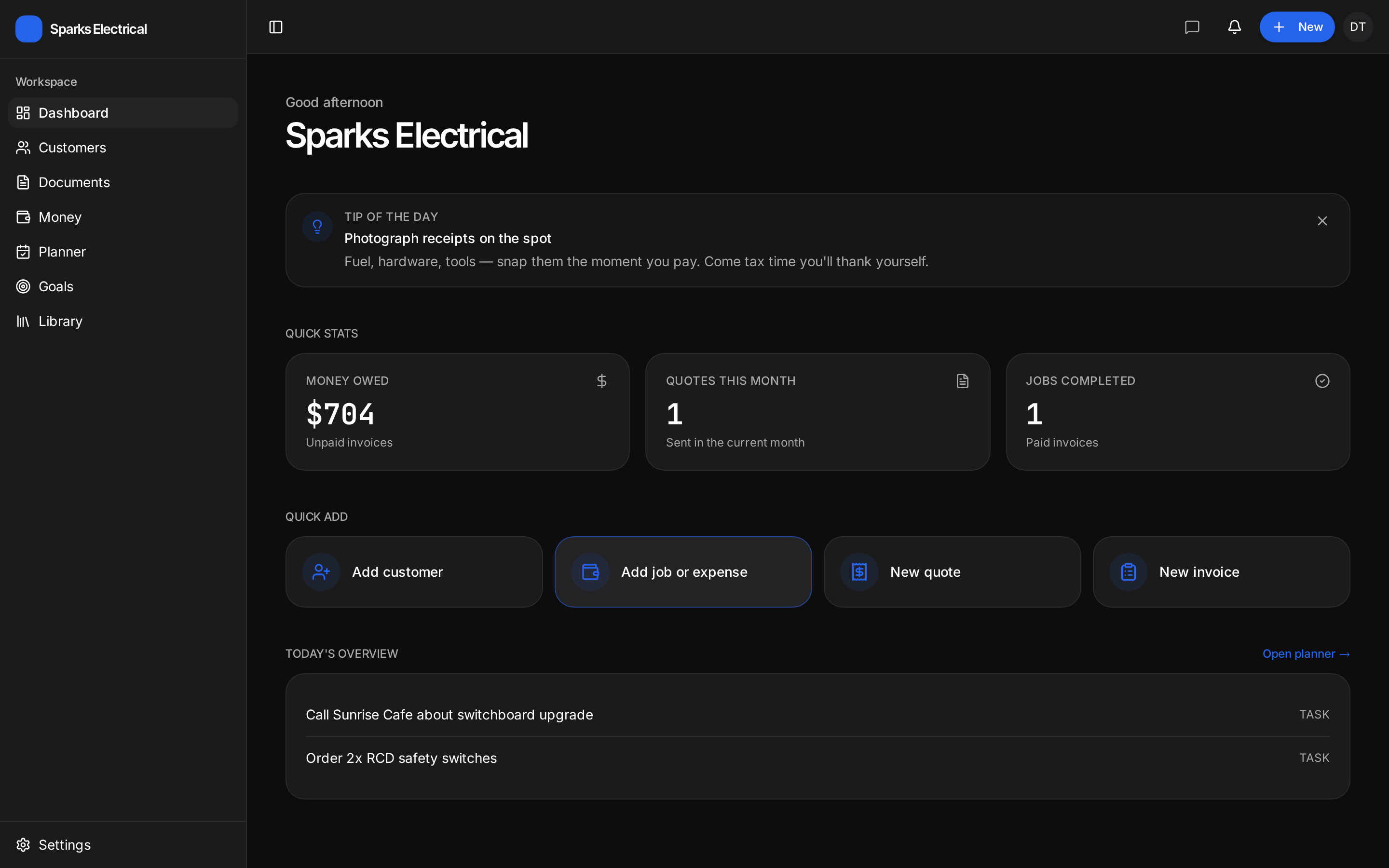 Corovix dashboard showing money owed, quotes this month, jobs completed, quick add buttons and today's tasks