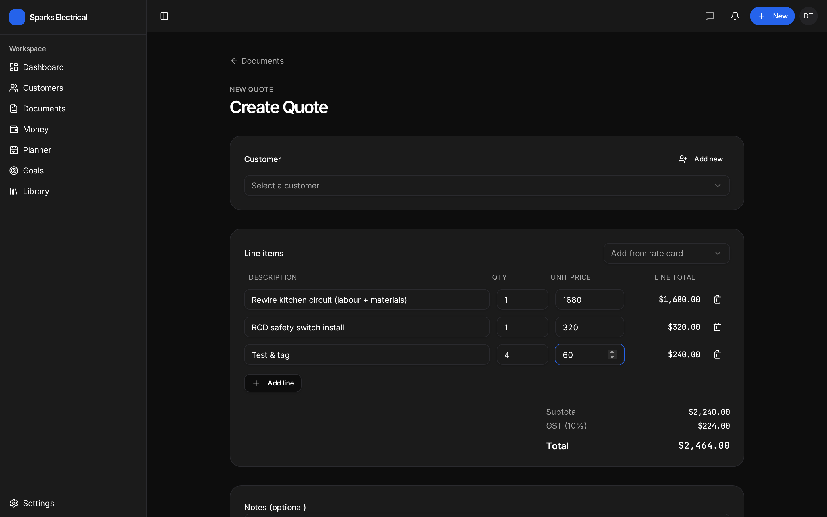 Create Quote screen with three line items totalling $2,464 including GST